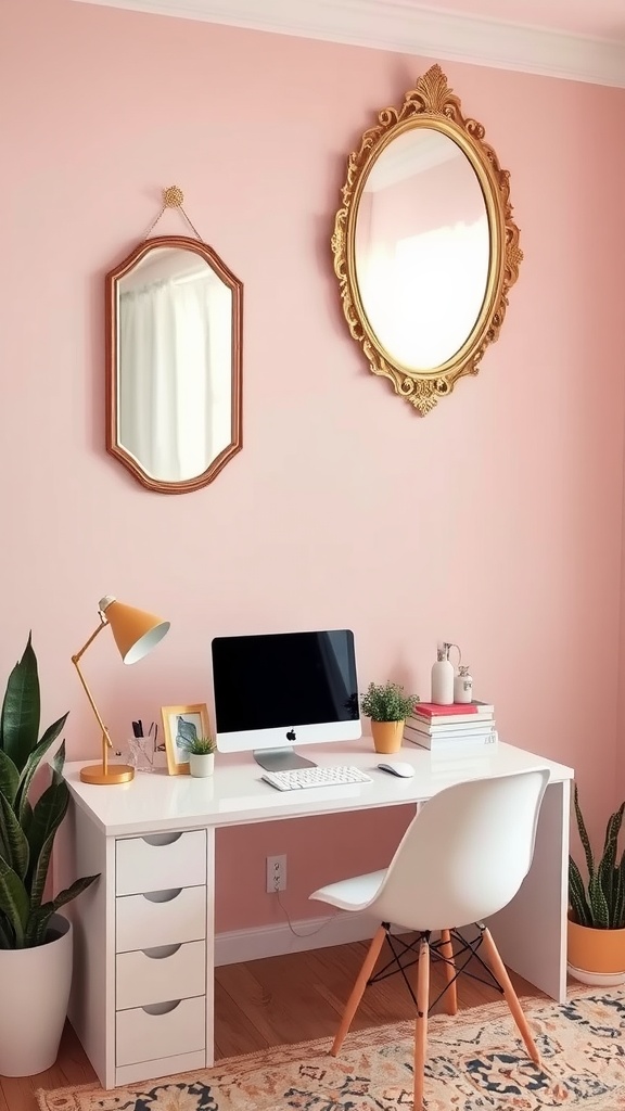 A feminine home office featuring a pink wall, two decorative mirrors, a sleek desk, and stylish accessories.