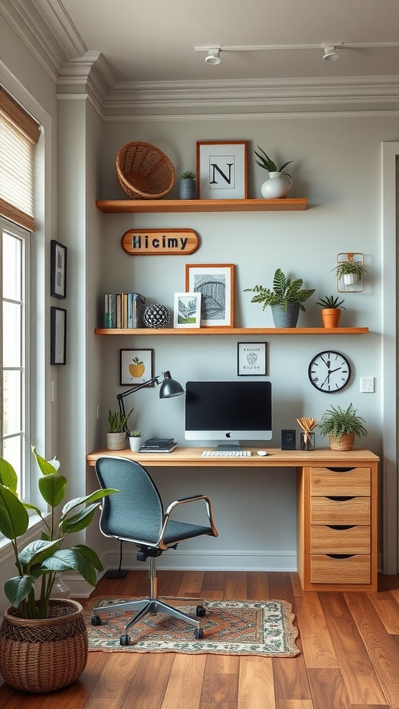 A cozy home office featuring a wooden desk, wall shelves with decorative items, and plants.