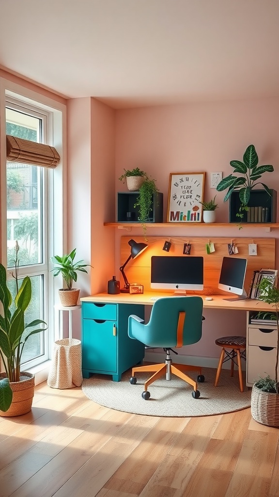A vibrant and cozy workspace with a teal desk, two computer monitors, and plants against a soft pink wall.