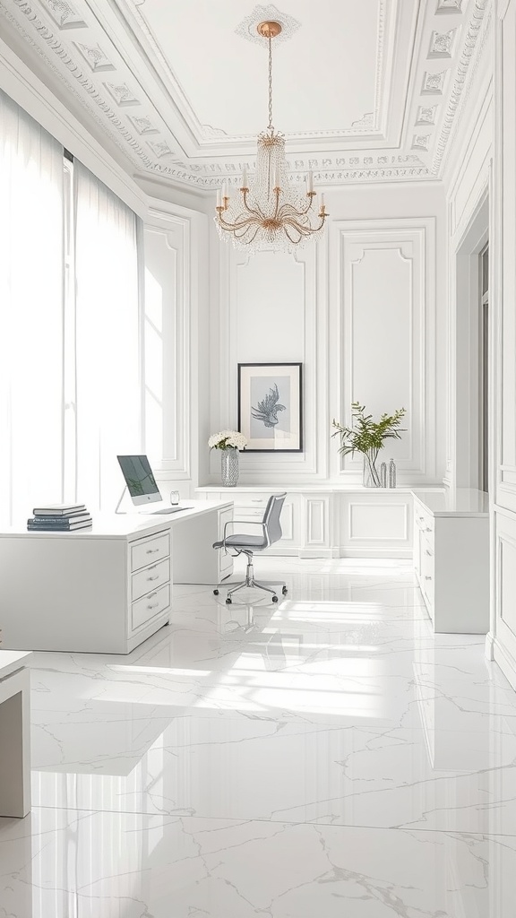 A bright home office featuring crisp white Thassos marble flooring, modern furniture, and elegant decor.
