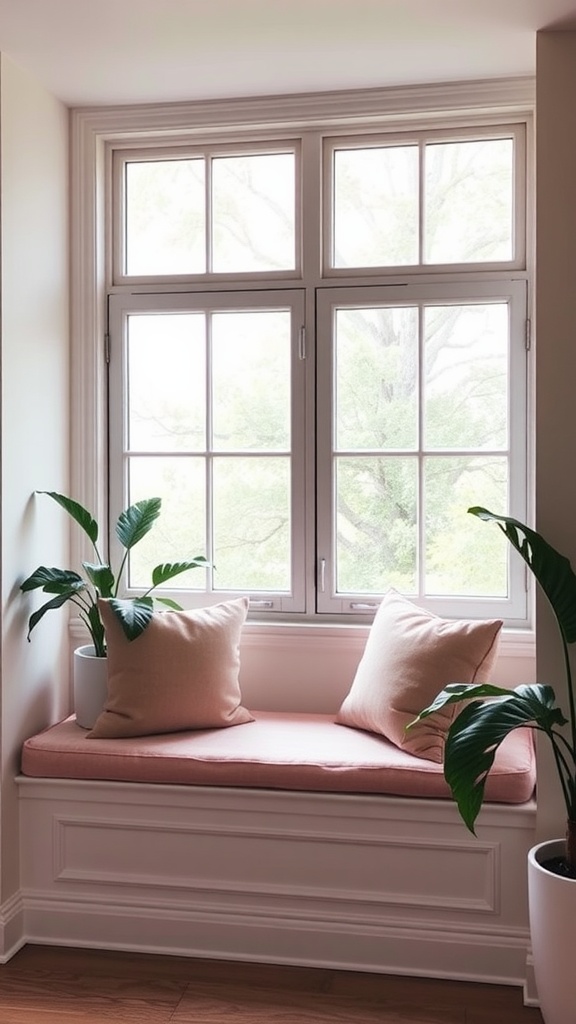 Cozy cushioned window seat with soft pink cushion and indoor plants