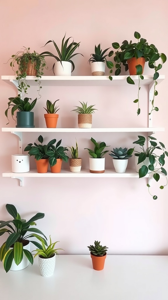 A stylish display of decorative plant shelves with various plants against a pink wall.
