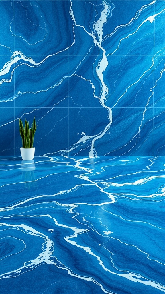 Deep blue ocean wave marble flooring with white veins and a plant in a pot