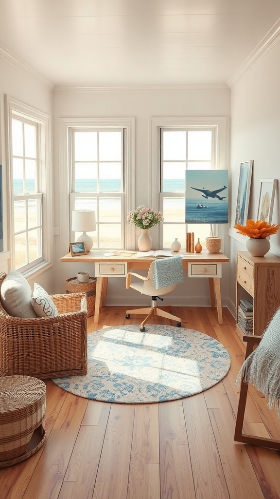 A beautifully styled coastal cottage home office featuring driftwood accents and a beige aesthetic