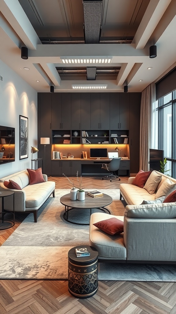 A modern urban living room with a cozy home office setup, featuring stylish furniture and warm color tones.