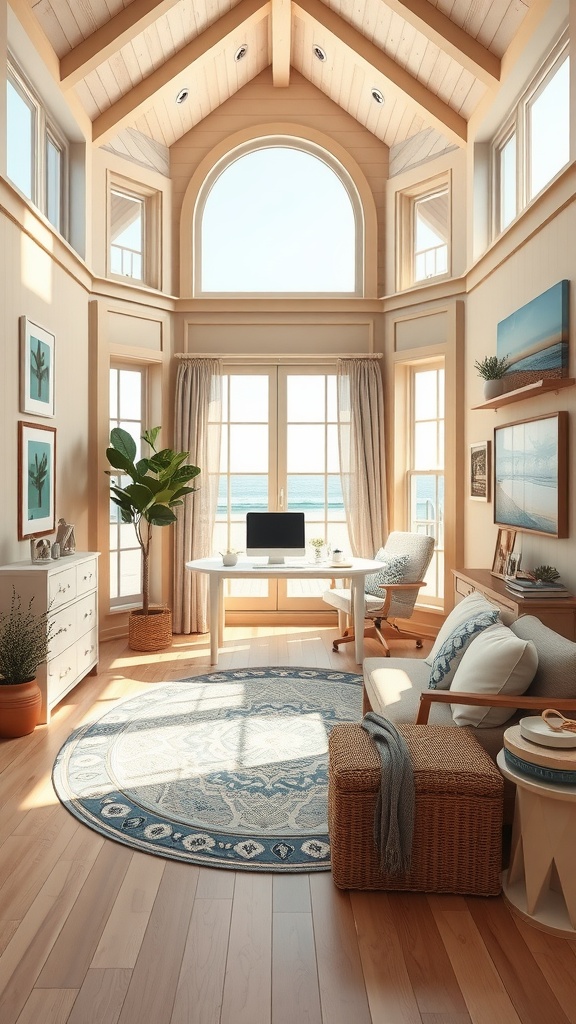 Interior of a coastal cottage home office with earthy beige hues, large windows, and modern decor