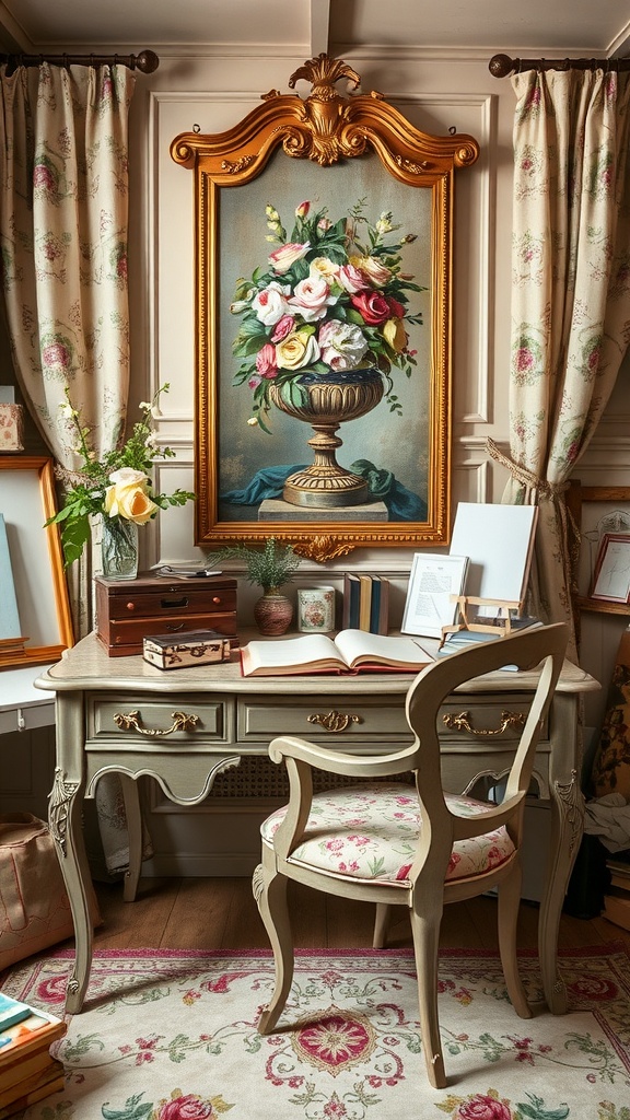 A vintage home office featuring a floral painting, a decorative desk, and a cozy chair, creating an eclectic artist studio vibe.