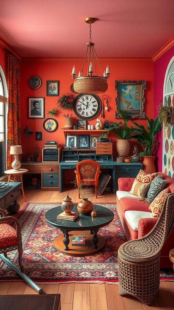 A cozy, eclectic bohemian workspace with warm orange walls, a mix of vintage and modern furnishings, and decorative art.