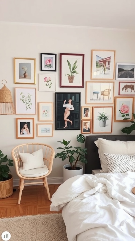 An eclectic gallery wall featuring a variety of framed art and photographs in a feminine home office.