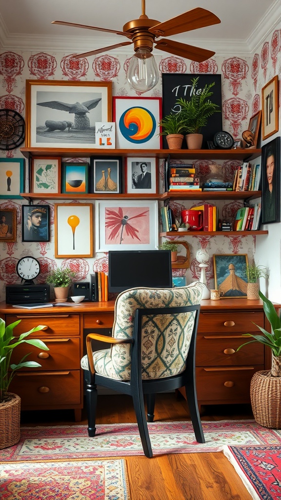 A cozy home office with eclectic patterns, wooden furniture, and colorful artwork.