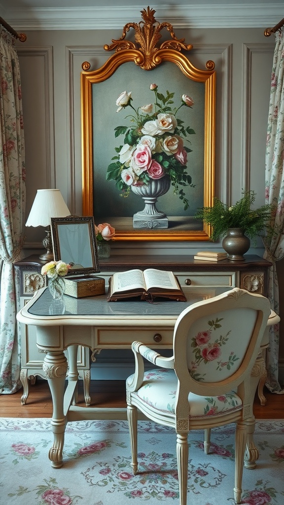 A vintage home office featuring a floral desk and elegant decor.