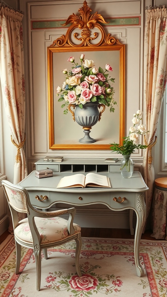 A vintage home office featuring a gray desk, floral painting, and elegant decor.