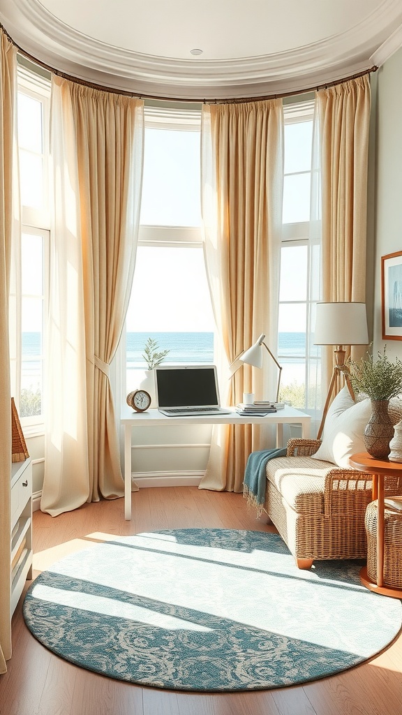 A coastal cottage home office featuring beige curtains, a white desk, and ocean views.