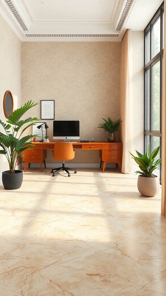 Home office with beige travertine marble flooring and plants