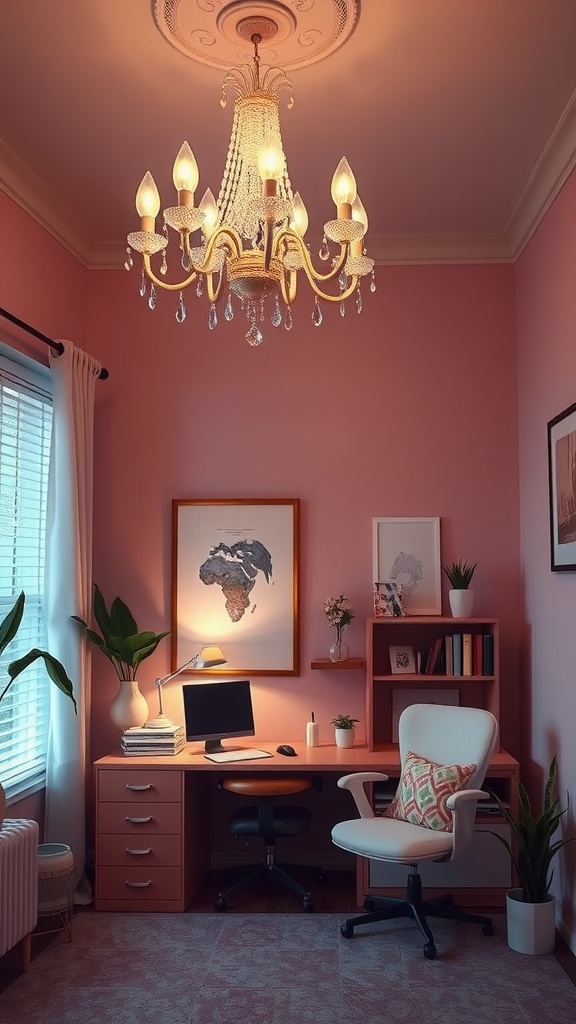 A cozy home office featuring a beautiful chandelier, pink walls, and stylish furniture.