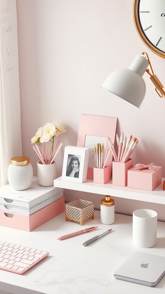 A stylish and organized feminine home office desk with a white desk, pink decor, and trendy wall art.