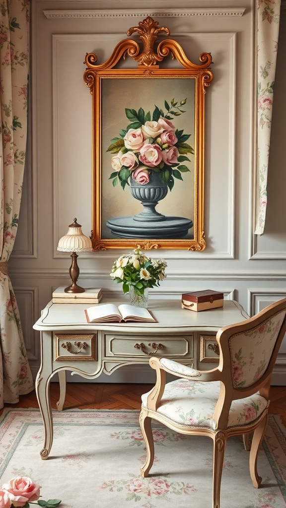 A vintage home office featuring a decorative desk, floral painting, and cozy decor.