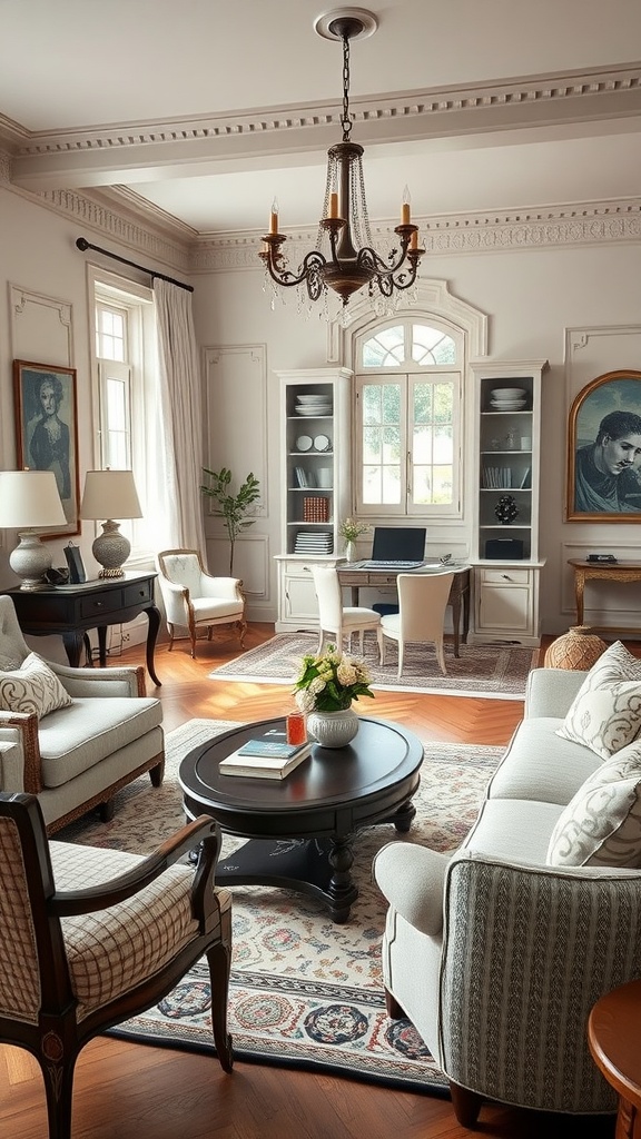 A cozy French country living room with a study area, featuring stylish furniture and warm tones.