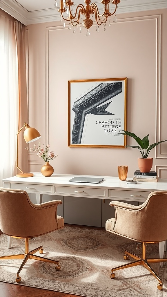 A stylish home office featuring a pink wall, gold accents, and modern furniture.