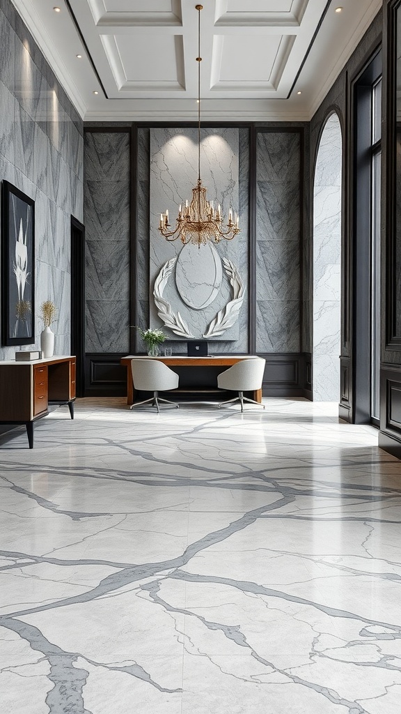 Interior of a stylish office featuring gray Bardiglio marble flooring, elegant chandelier, and modern furniture.