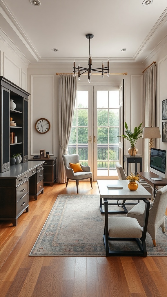 Elegant home office featuring classic furniture, large windows, and a warm color palette.