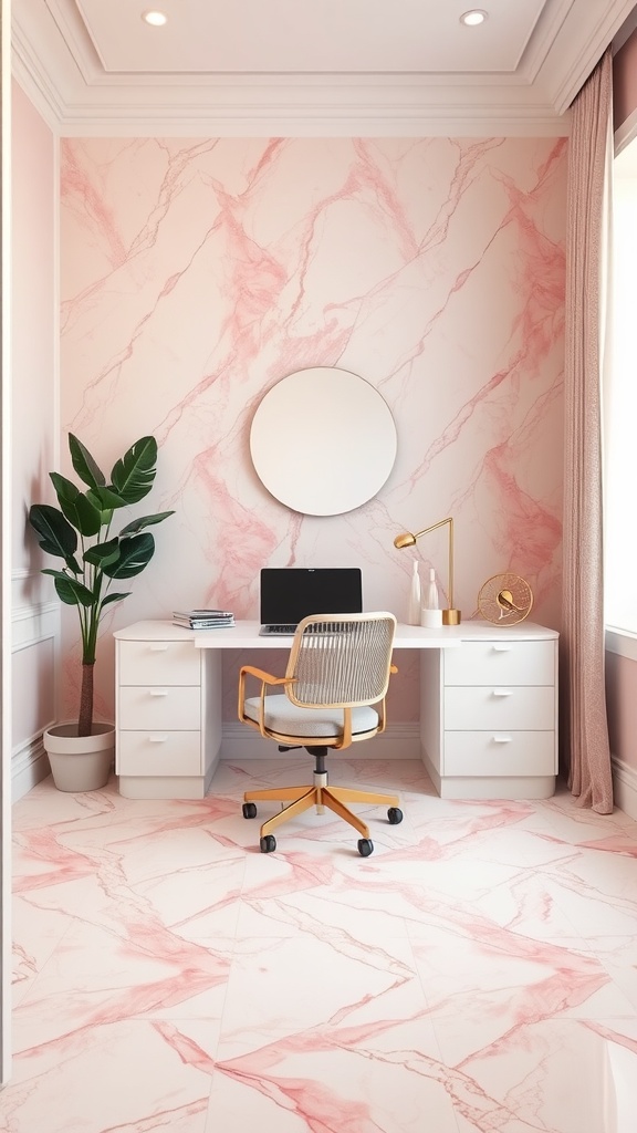 A modern home office featuring elegant pink marble flooring and accents.