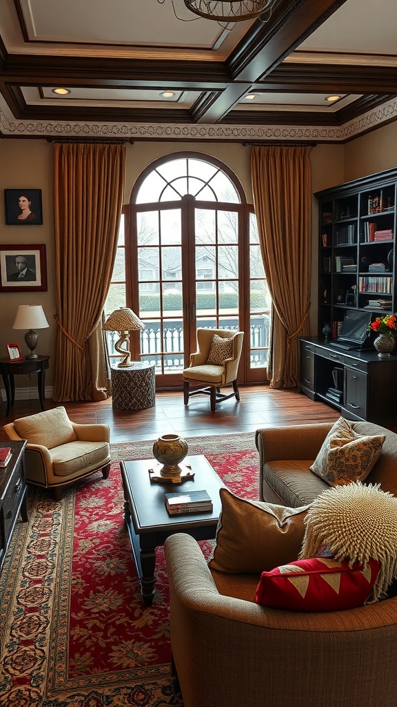 A cozy traditional living room with a study area featuring plush seating, large windows, and a home library.