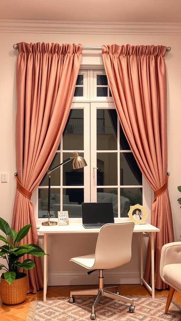 Elegant pink curtains framing a window in a stylish home office