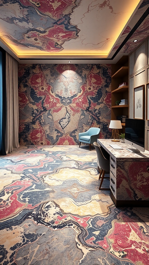 Interior view of a modern home office featuring Breccia Aurora marble flooring and wall design.