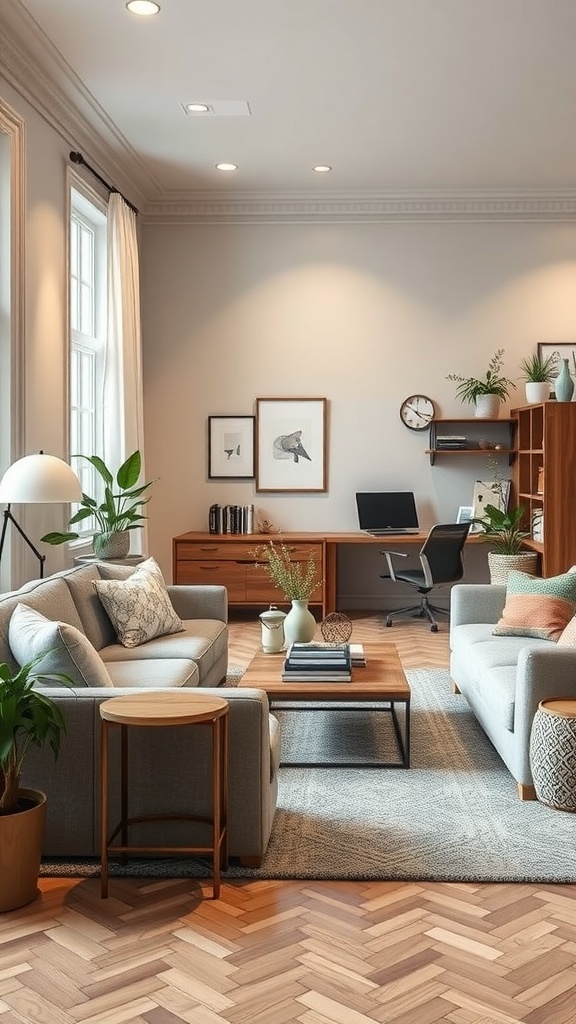 Family-friendly living room with a cozy homework station in the corner.