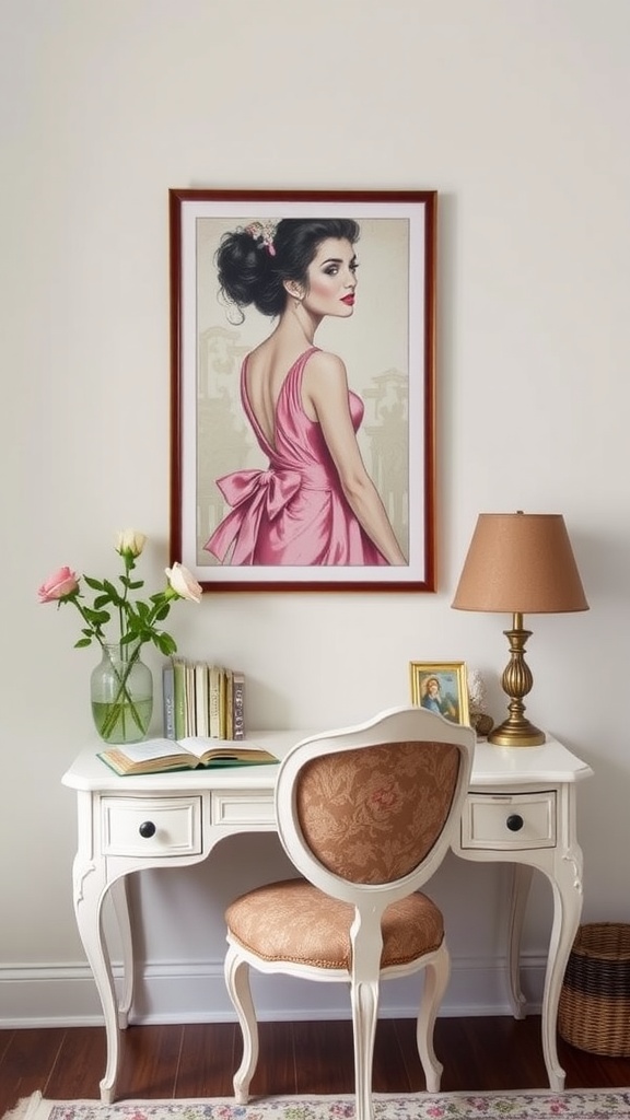 A feminine home office setup featuring art prints, a stylish desk, and a modern chair.