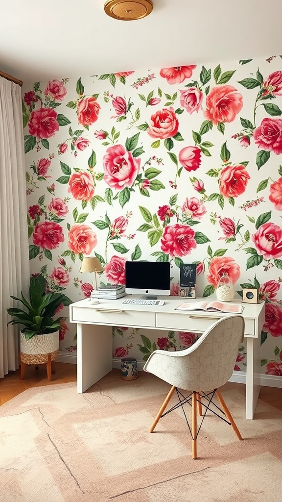 A stylish home office with floral wallpaper featuring roses, a white desk, and a cozy chair.