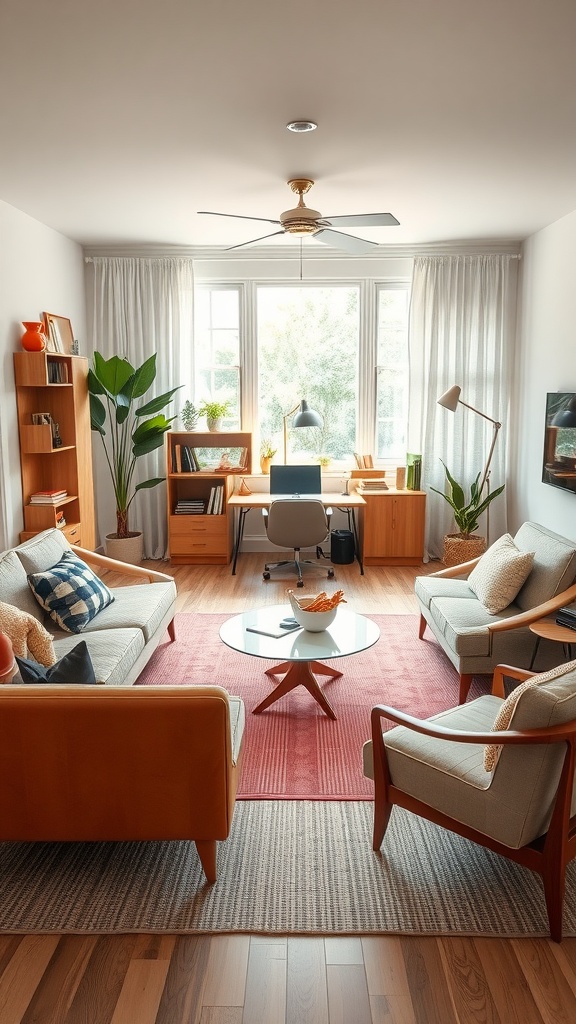 Mid-century modern living room featuring a cozy desk, large windows, and stylish furniture