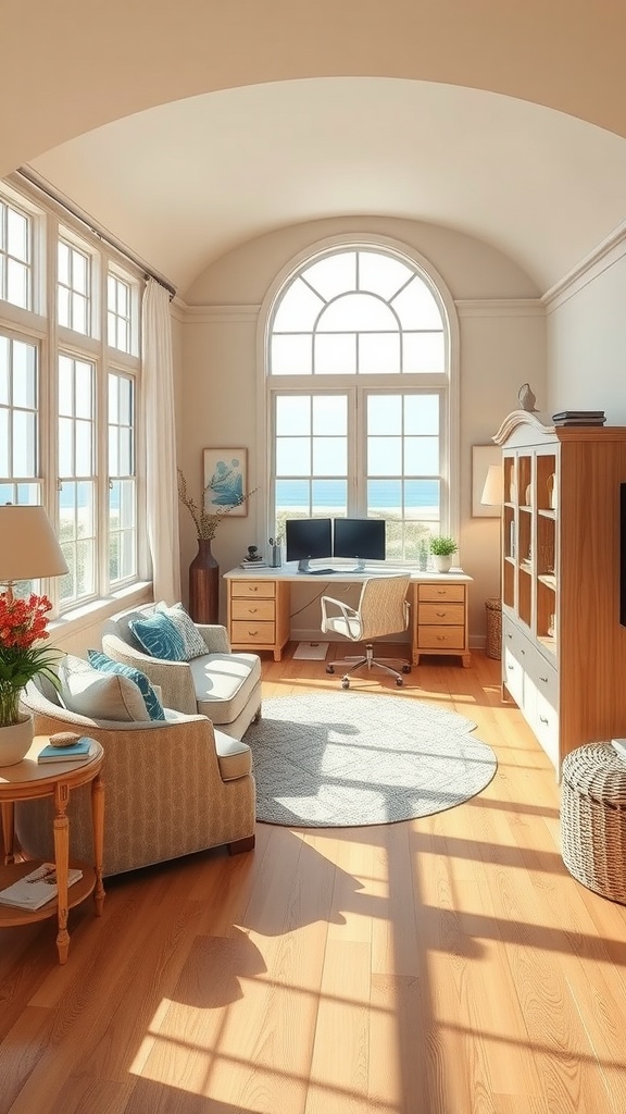A bright coastal office with large windows, a desk, and a cozy seating area, featuring a beige aesthetic wallpaper and light brown wooden floor.