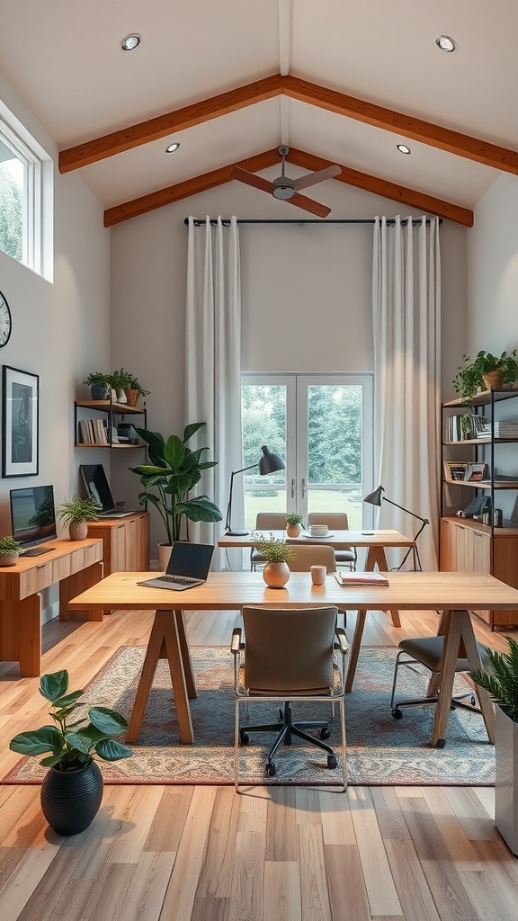 A bright, open office space with a large wooden desk, plants, and natural light.