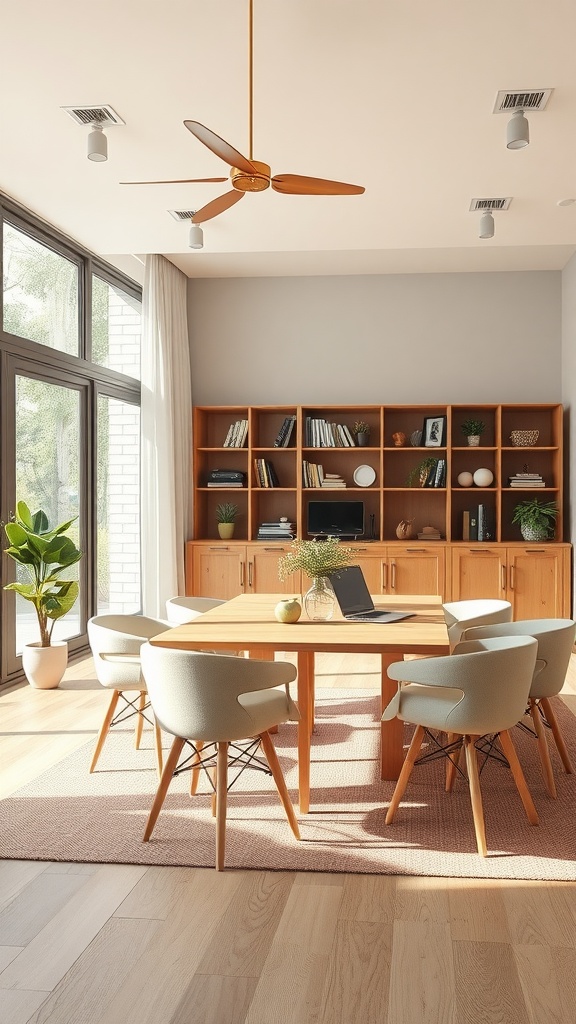 Bright and inviting workspace with a round table, comfortable chairs, and a bookshelf.