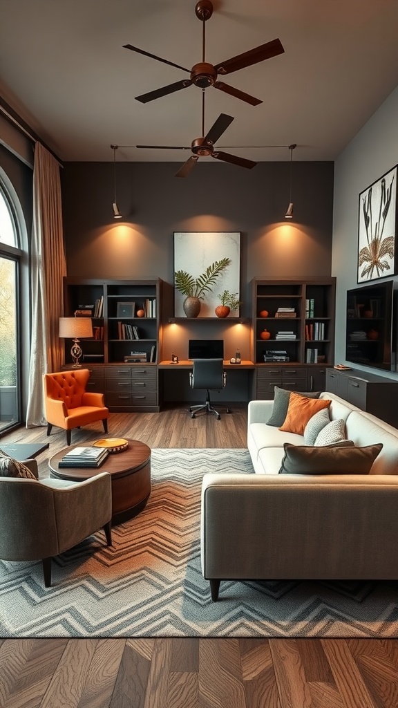 A stylish multi-purpose living room featuring a cozy sofa, modern armchair, and a sleek desk setup, ideal for work and relaxation.