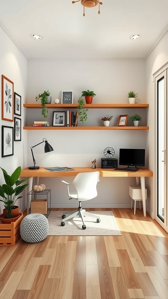 A minimalist home office setup featuring a wooden desk, shelves with plants and books, a comfy chair, and a cozy atmosphere.