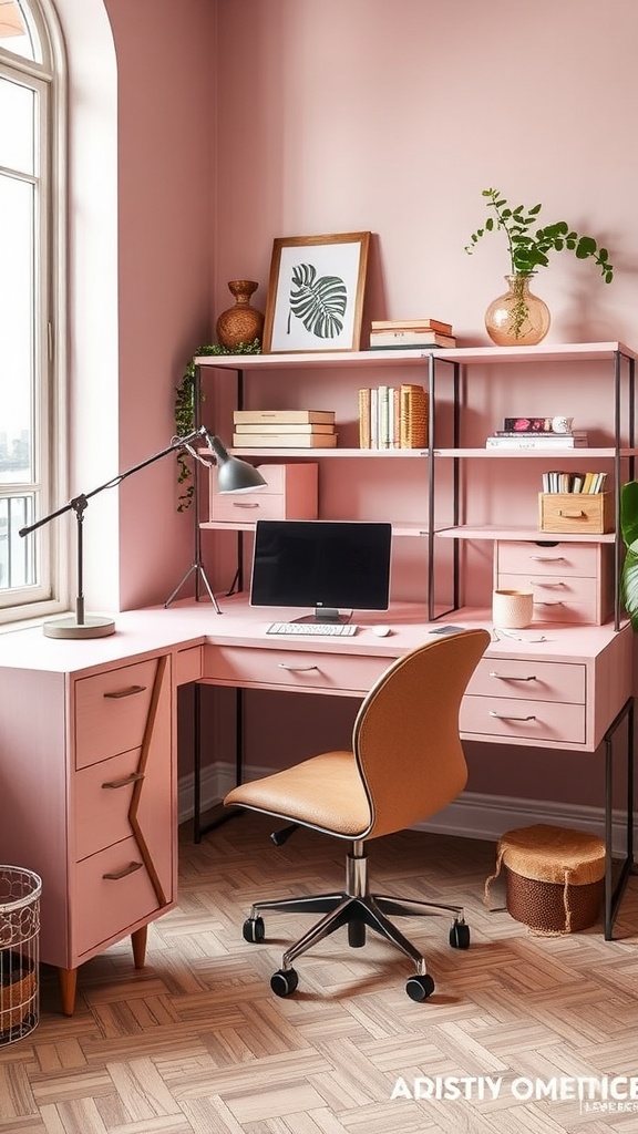 A stylish home office setup featuring a light wood desk, modern chair, and colorful wall decor.