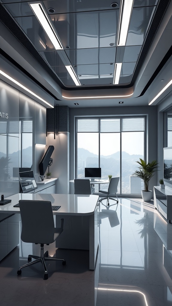 A modern home office with sleek furniture and large windows showcasing a scenic view.