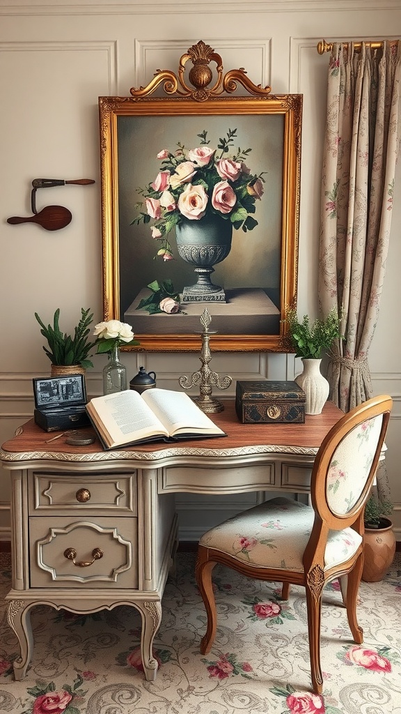 A vintage home office with a wooden desk, floral chair, a painting of roses in a golden frame, an open book, and decorative plants.