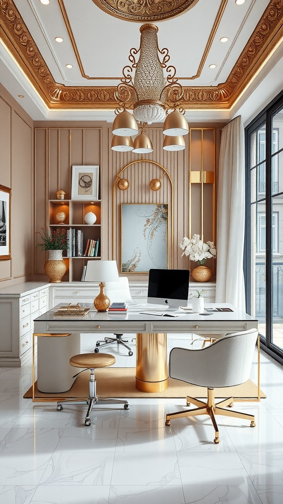 A glamorous home office with metallic accents, featuring a large desk, stylish chair, and elegant decor.