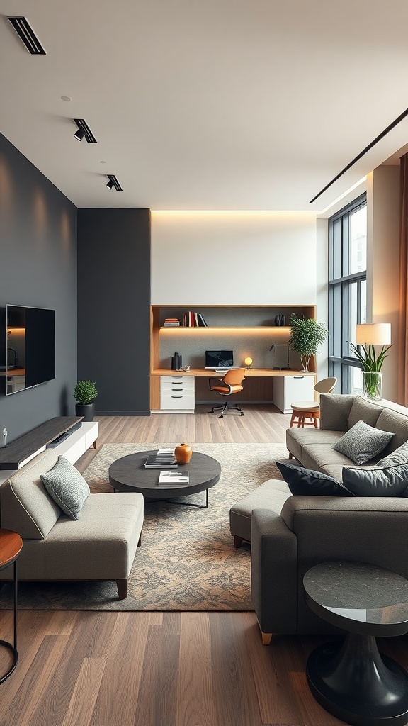 A modern living room featuring a cozy desk area and stylish furniture, blending work and relaxation.