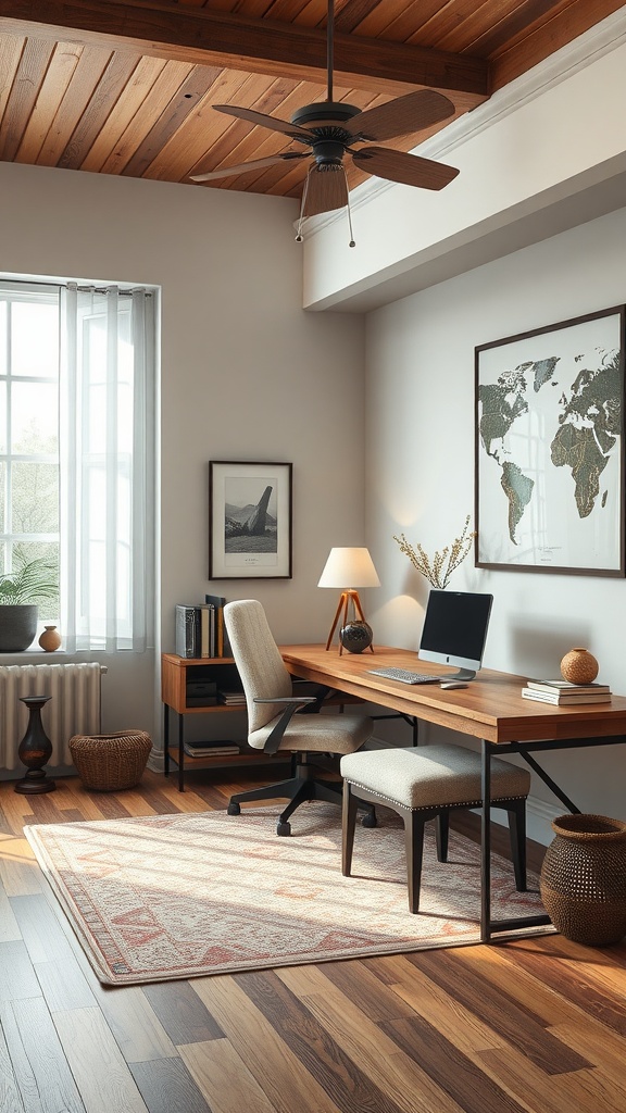 Cozy home office with wooden ceiling, desk, and cultural elements.