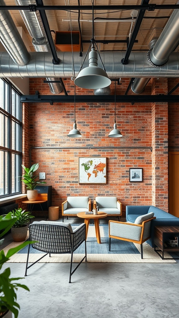 An industrial-style home office with exposed brick walls, modern furniture, and a cozy reading chair