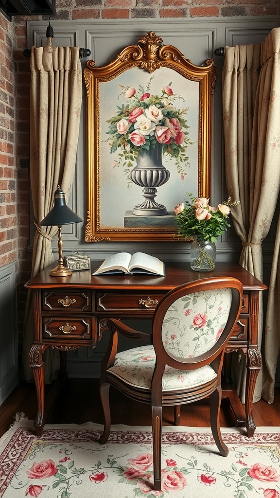 A vintage home office with a wooden desk, floral painting, and cozy decor