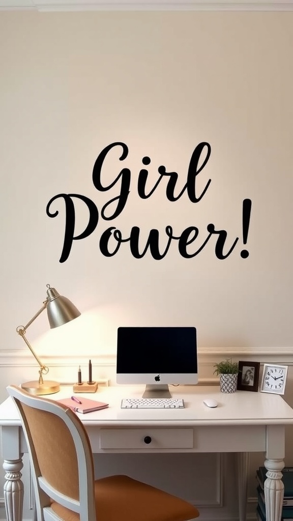 A stylish home office with a pink wall, desk, chair, and plants, featuring an inspirational wall decal.