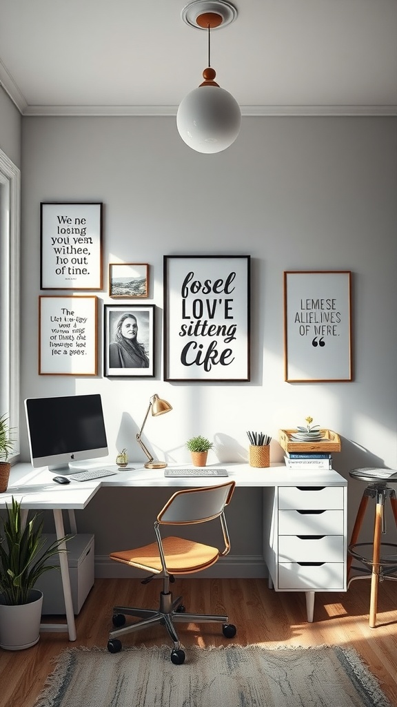 A modern home office featuring inspirational quotes on the walls, a sleek desk with a computer, and cozy decor elements.