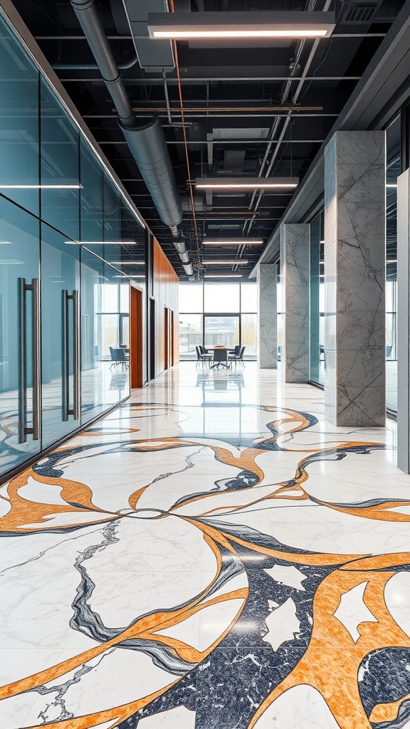 Intricate mixed marble patterns in a modern office flooring design.