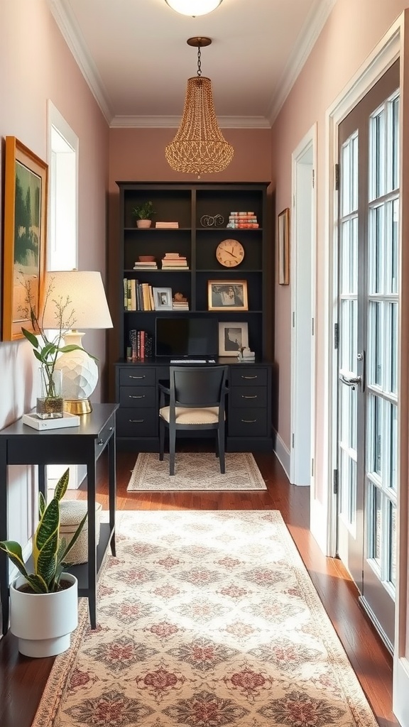 A cozy home office entryway with pink walls, a desk, and plants.